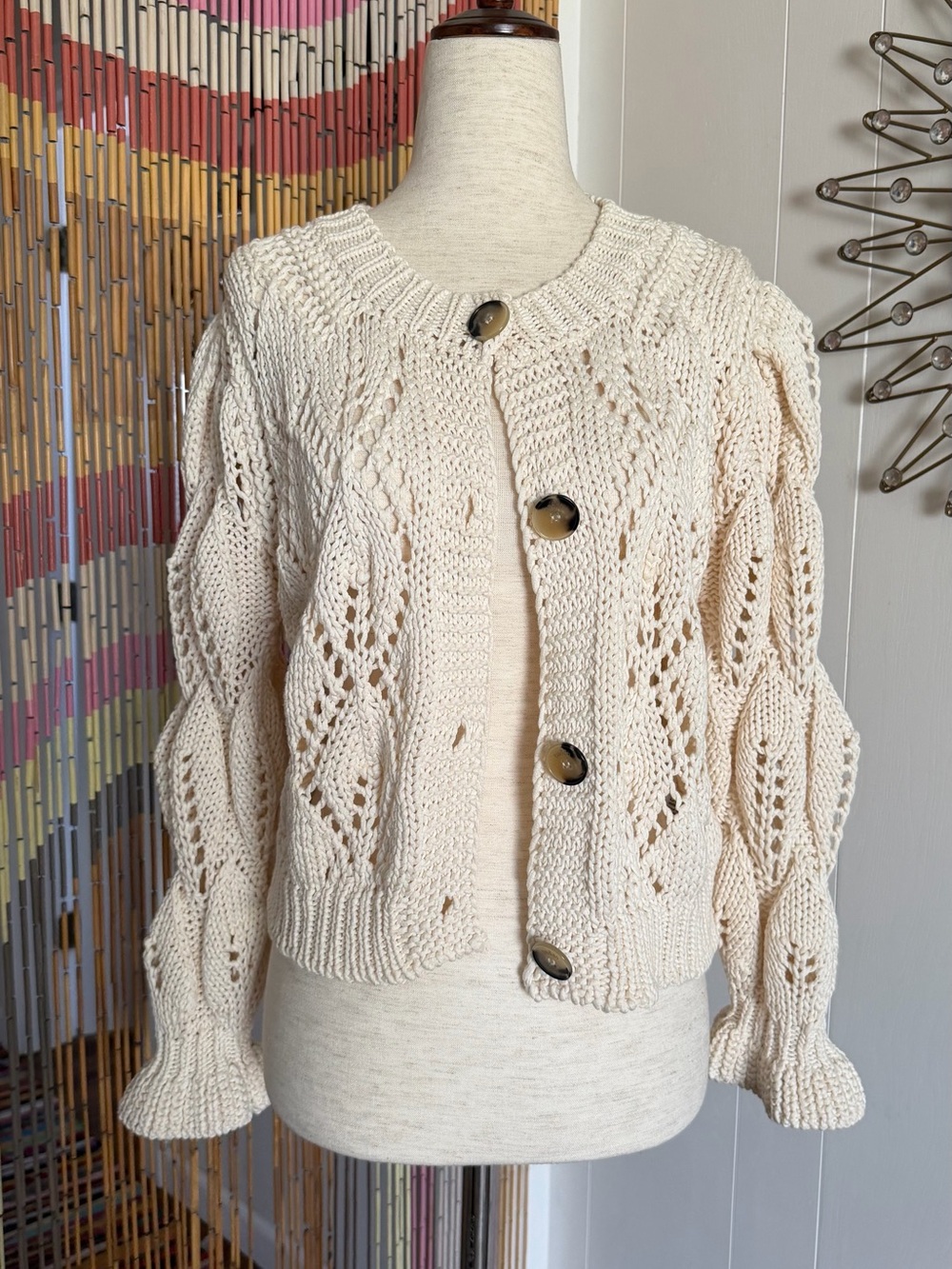 ba&sh Cream Open-Knit Button Cardigan